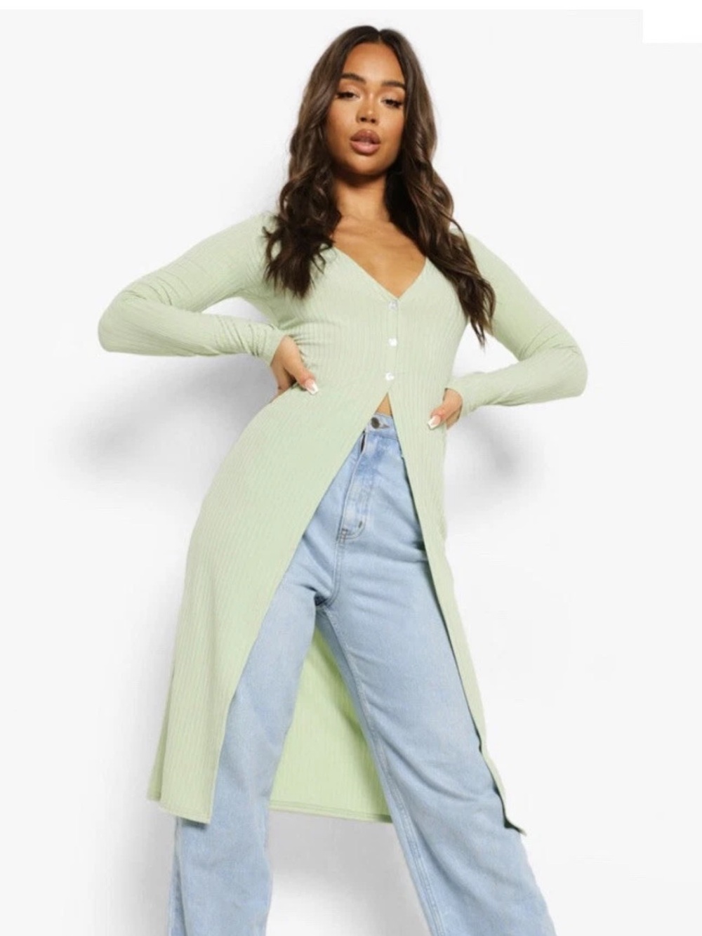 Boohoo Light Green Long Ribbed V-Neck Button Cardigan